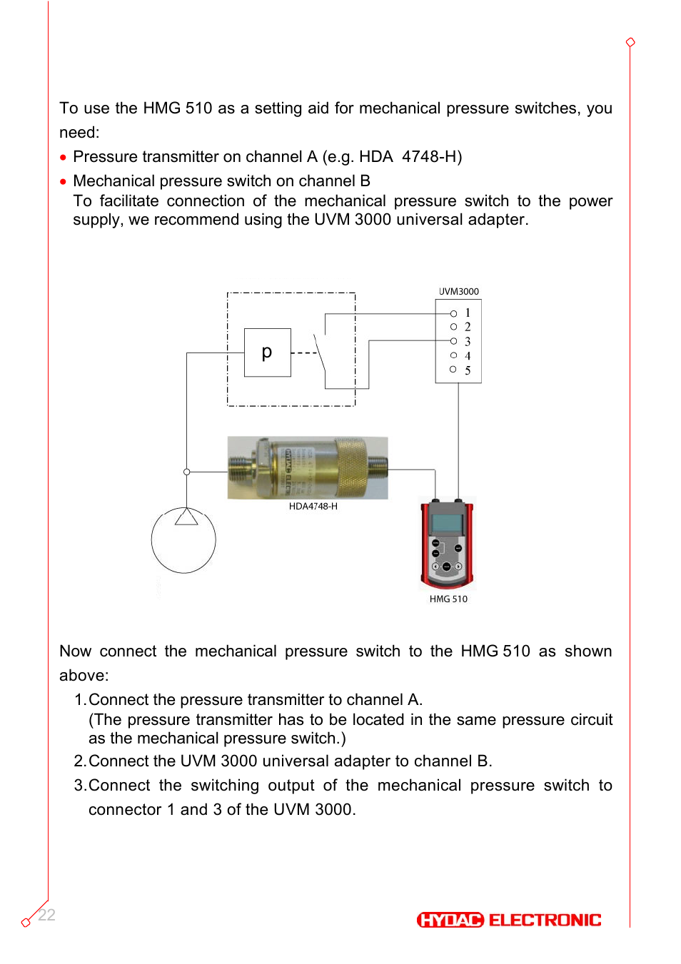 Setting aid for mechanical pressure switches, Connection diagram | HYDAC HMG 510 User Manual | Page 22 / 26