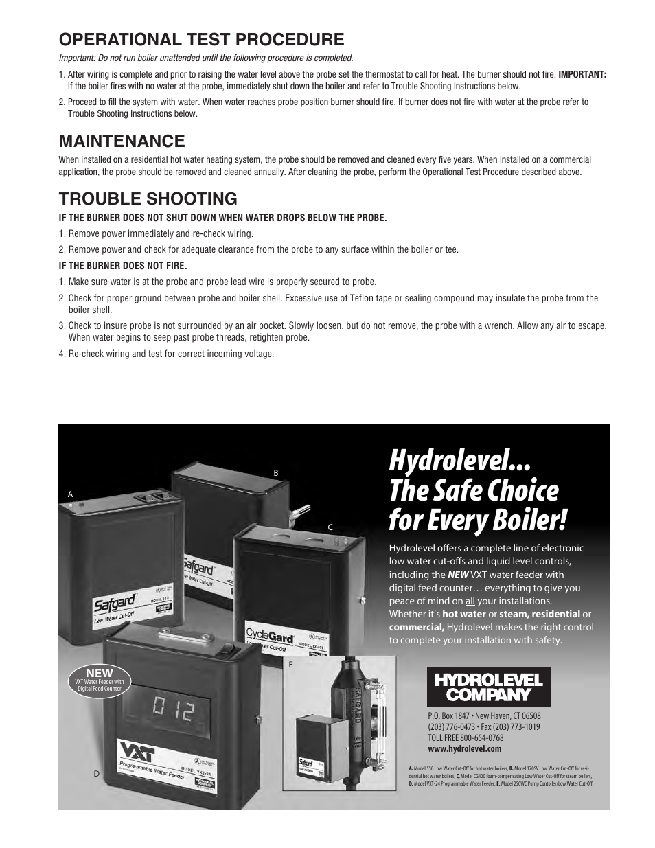 Hydrolevel... the safe choice for every boiler, Operational test procedure, Maintenance | Trouble shooting | Hydrolevel 24 Series User Manual | Page 3 / 4