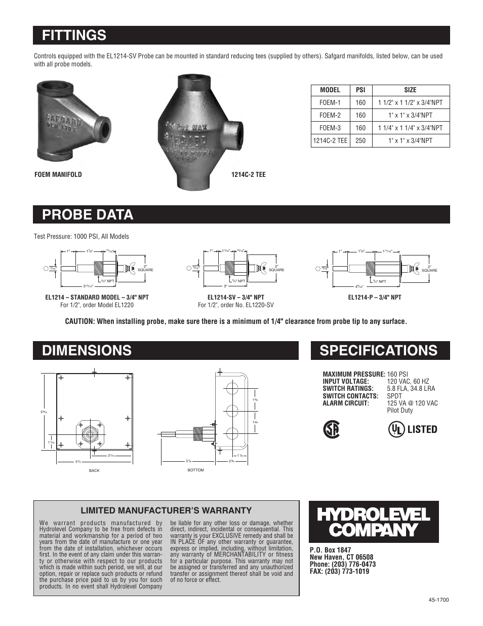 Fittings probe data dimensions specifications, Limited manufacturerʼs warranty | Hydrolevel 24 Series User Manual | Page 4 / 4