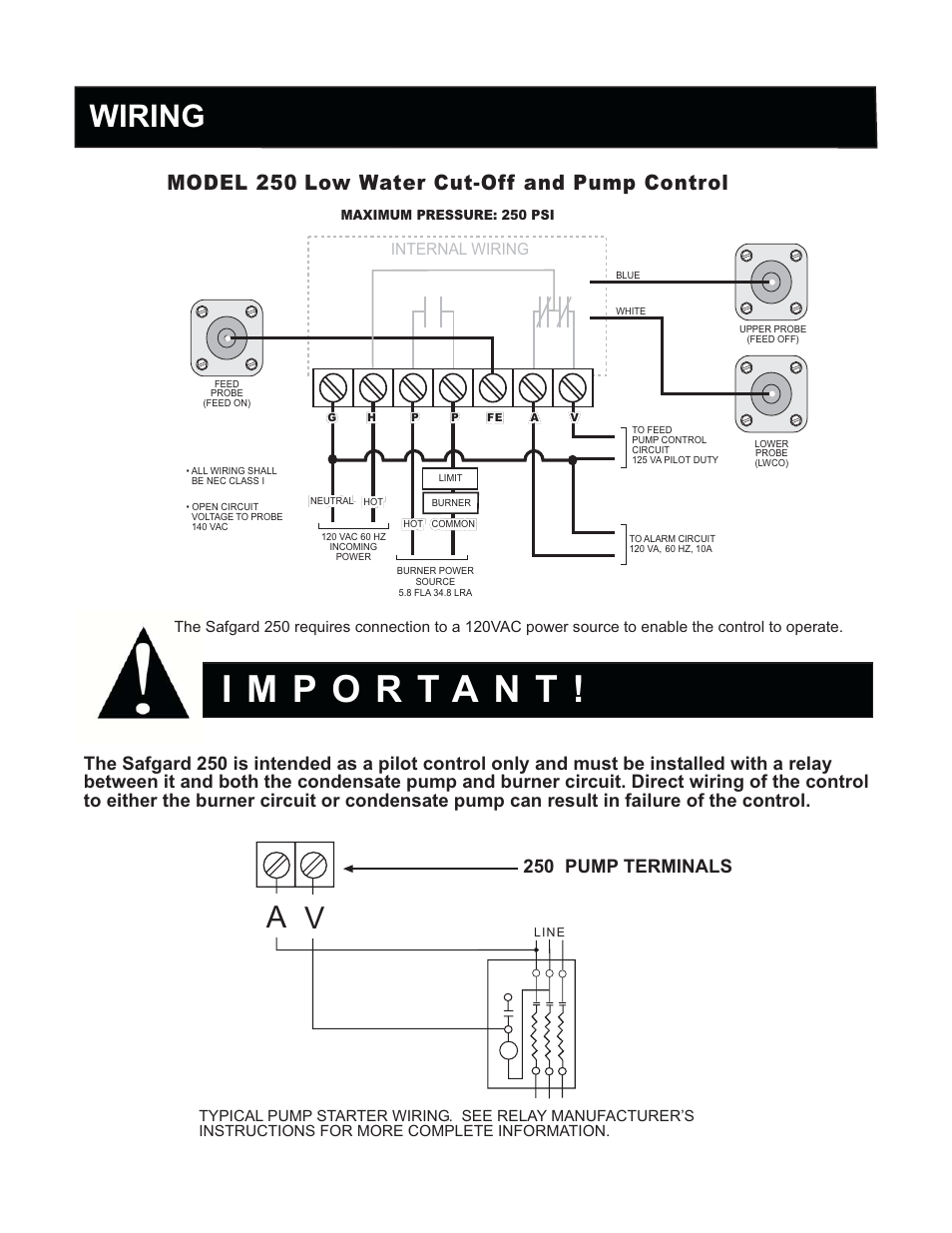 Wiring, Model 250 low water cut-off and pump control, 250 pump terminals | Internal wiring | Hydrolevel 250 Series User Manual | Page 2 / 8