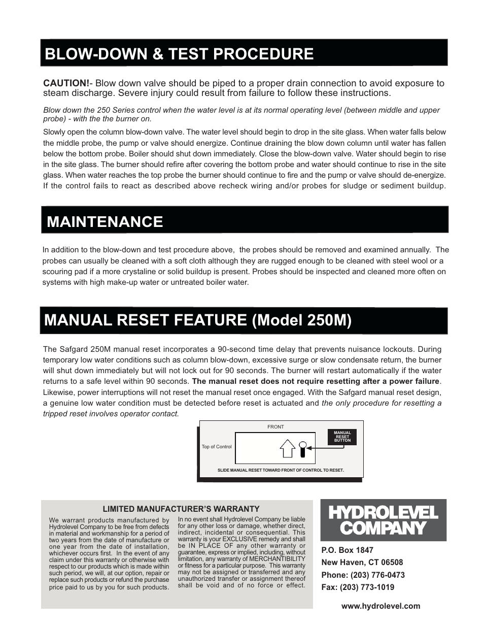 Manual reset feature (model 250m), Blow-down & test procedure, Maintenance | Hydrolevel 250 Series User Manual | Page 4 / 8