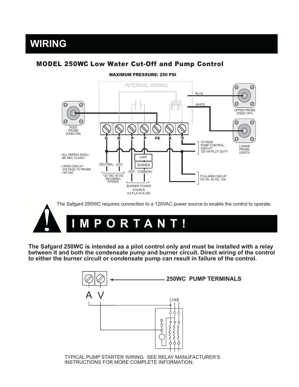 Wiring, Model 250wc low water cut-off and pump control, 250wc pump terminals | Internal wiring | Hydrolevel 250 Series User Manual | Page 6 / 8