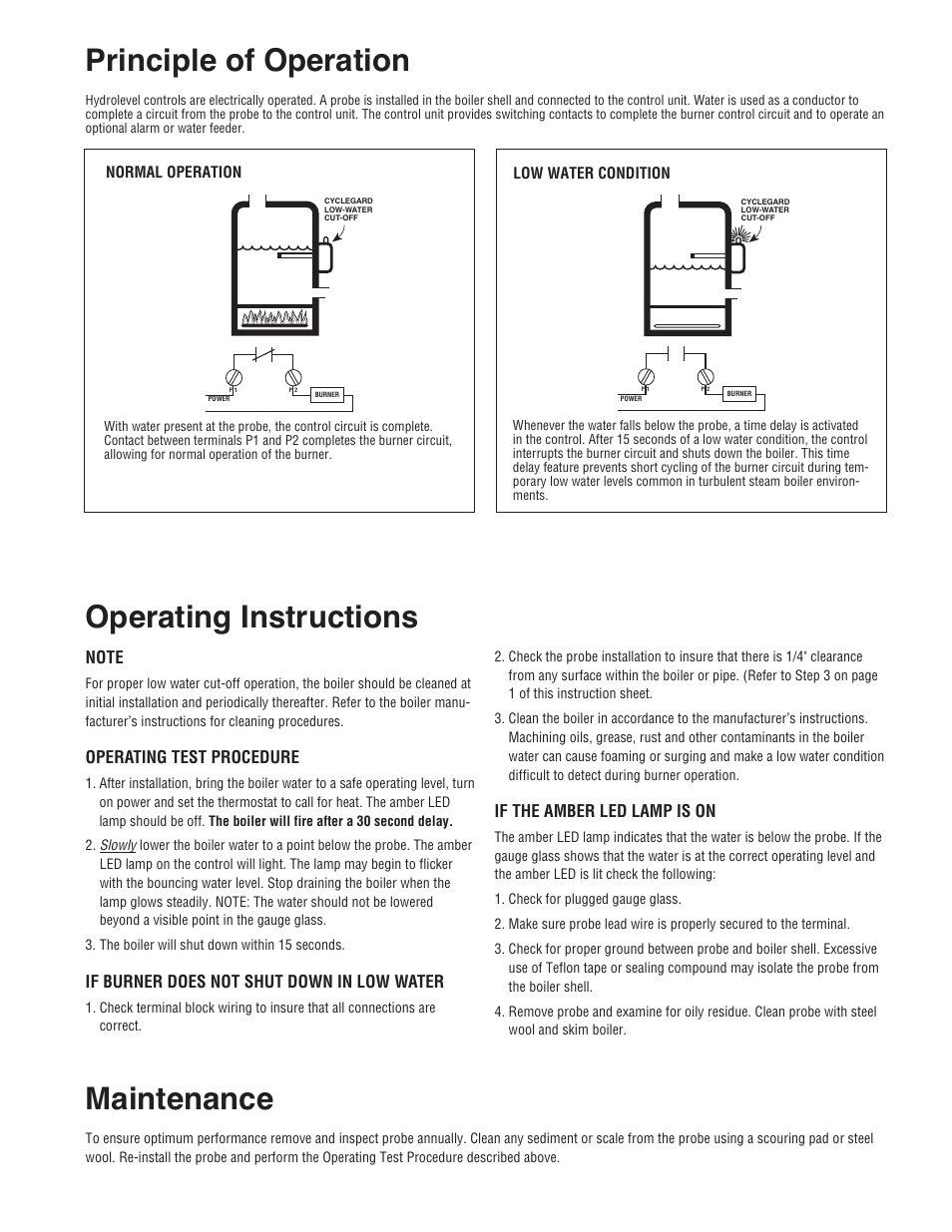 Principle of operation, Operating instructions maintenance, Operating test procedure | If burner does not shut down in low water, If the amber led lamp is on | Hydrolevel 400 Series User Manual | Page 3 / 4