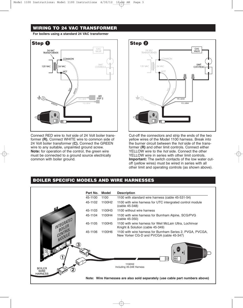 Step ᕡ step ᕢ, Wiring to 24 vac transformer, Boiler specific models and wire harnesses | Hydrolevel 1100 User Manual | Page 3 / 4