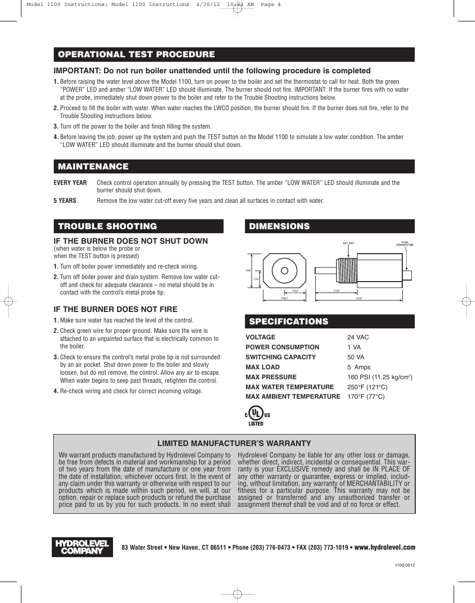 Operational test procedure, Maintenance, Trouble shooting | Dimensions specifications | Hydrolevel 1100 User Manual | Page 4 / 4