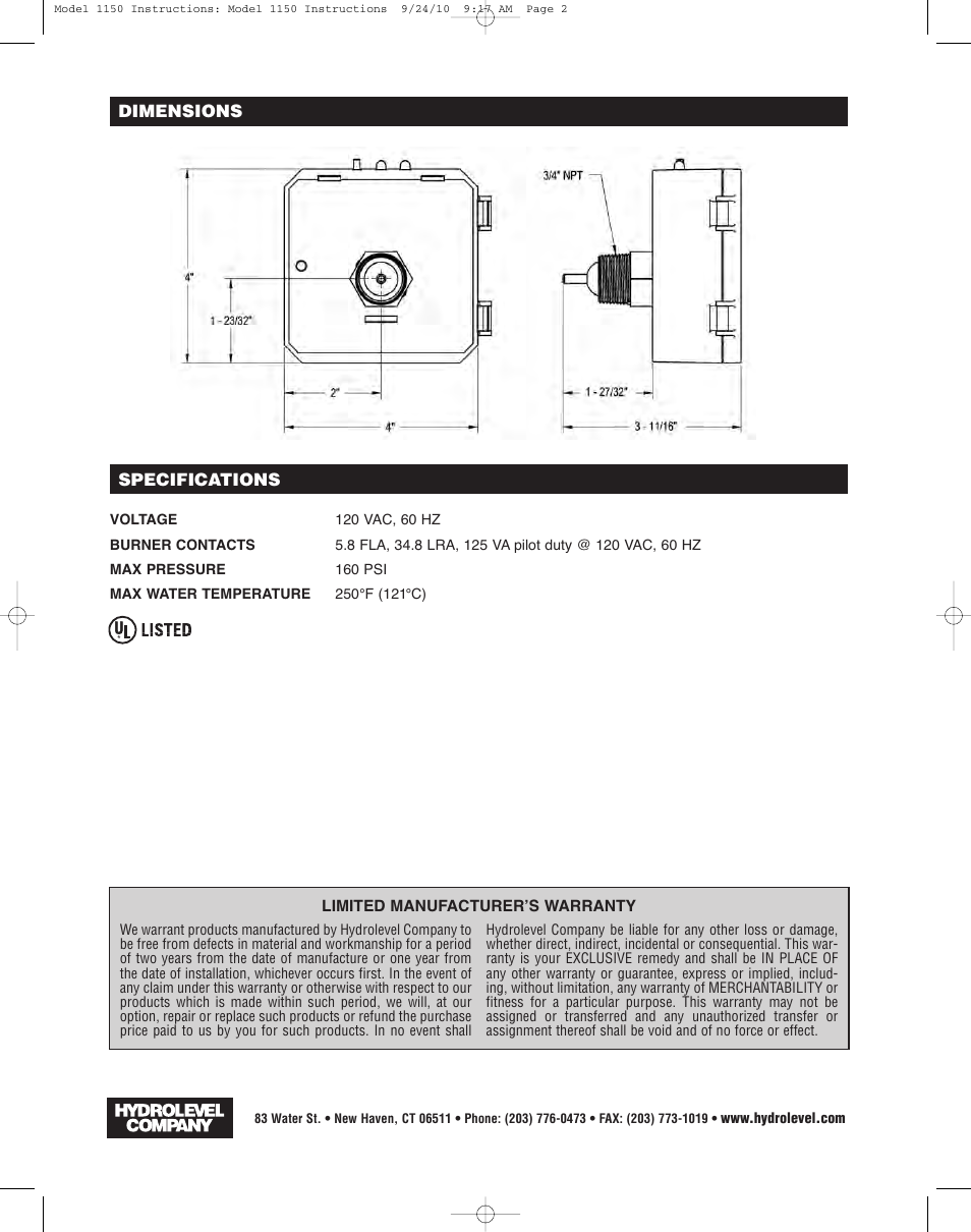 Hydrolevel 1150 User Manual | Page 4 / 4