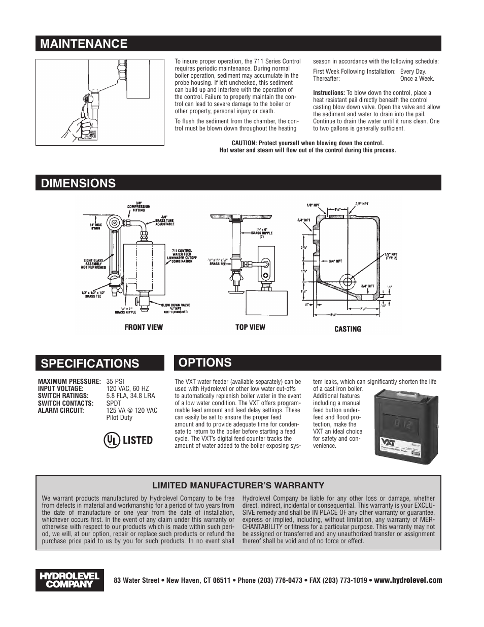 Maintenance dimensions specifications, Options | Hydrolevel 711 Series User Manual | Page 4 / 4