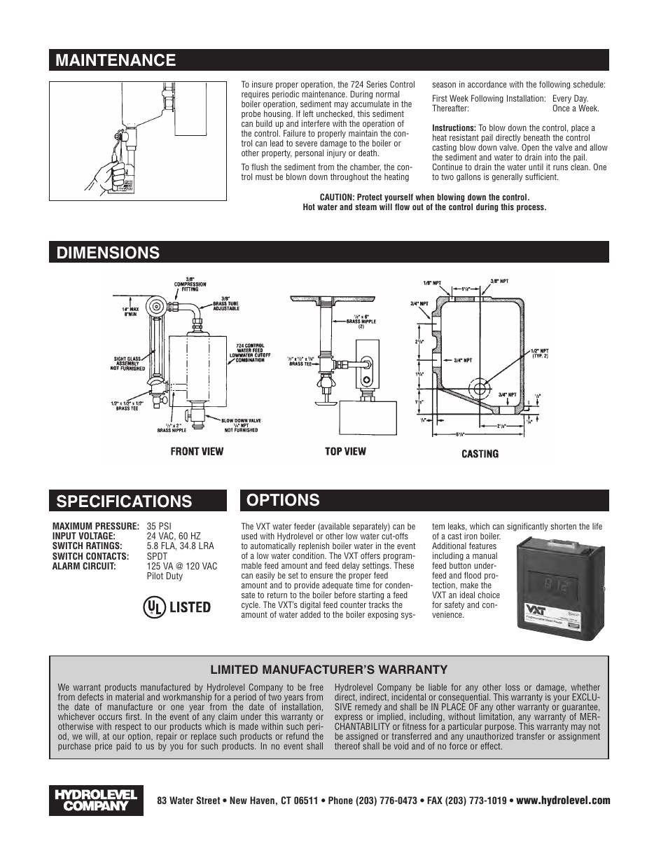 Maintenance dimensions specifications, Options | Hydrolevel 724 Series User Manual | Page 4 / 4