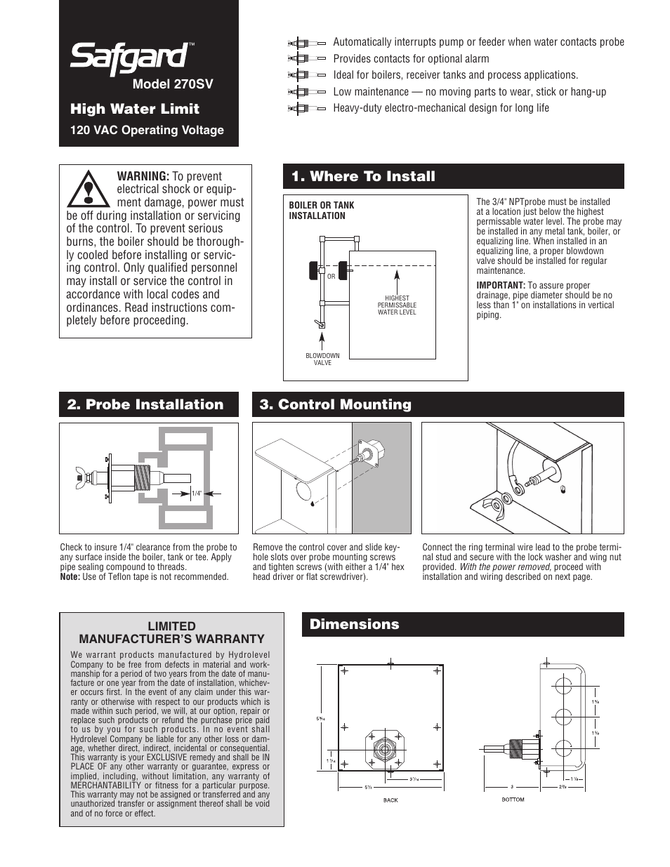 Hydrolevel 270SV User Manual | 2 pages