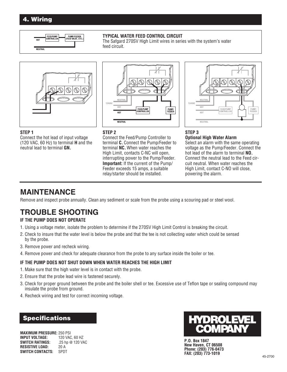 Maintenance, Trouble shooting, Wiring specifications | Hydrolevel 270SV User Manual | Page 2 / 2