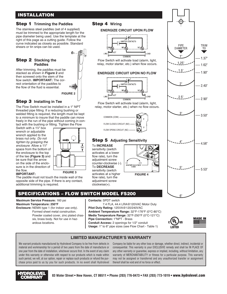 Specifications – flow switch model fs200, Installation step 1, Step 4 | Step 3, Step 2, Step 5, Limited manufacturerʼs warranty | Hydrolevel FS200 User Manual | Page 2 / 2