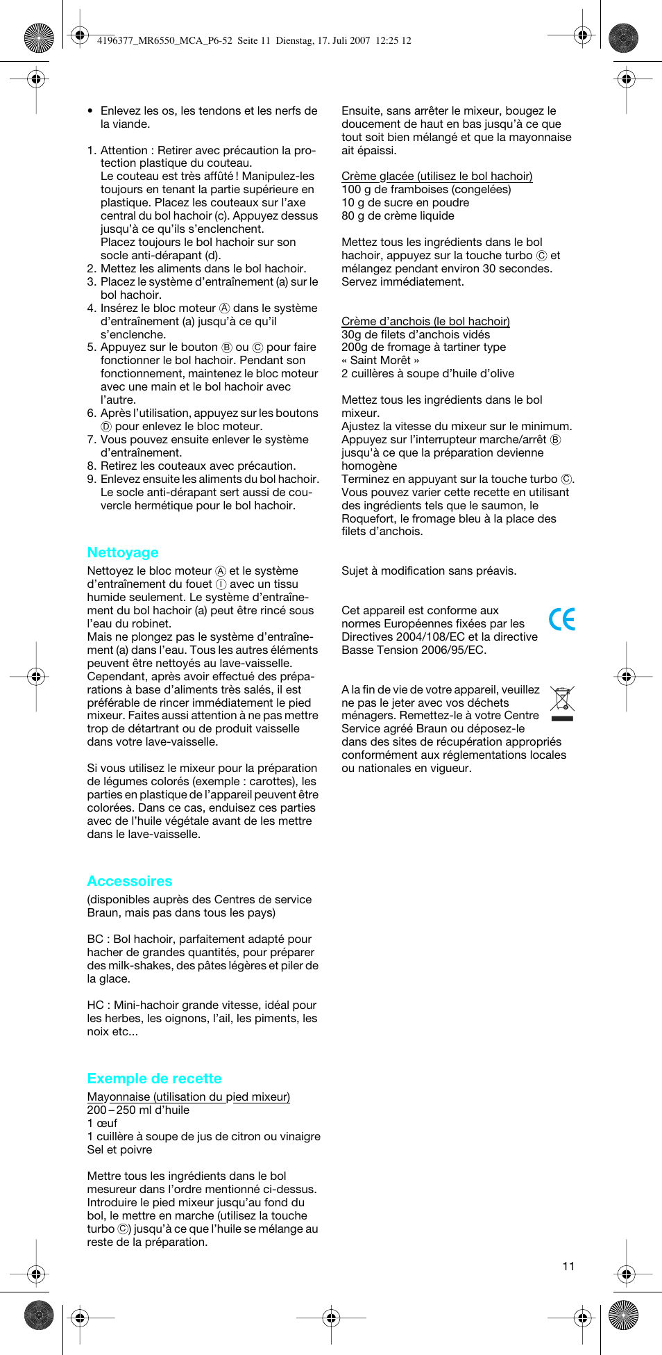 Nettoyage, Accessoires, Exemple de recette | Braun MR 6550 CA User Manual | Page 10 / 50