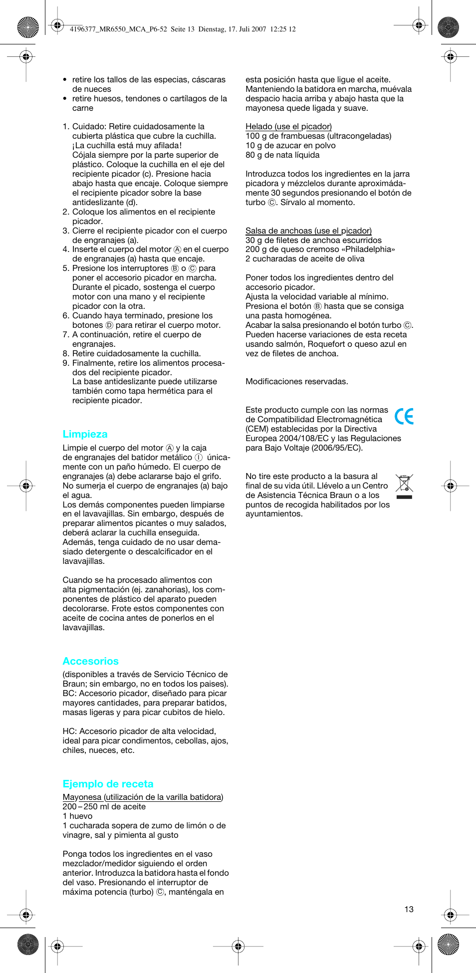 Limpieza, Accesorios, Ejemplo de receta | Braun MR 6550 CA User Manual | Page 12 / 50