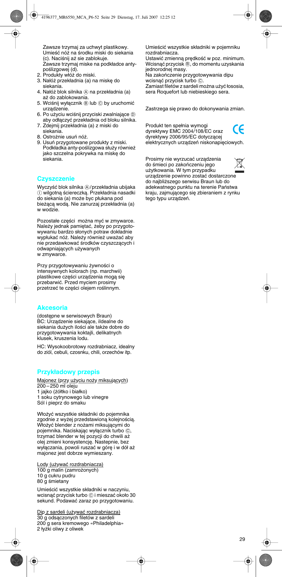 Czyszczenie, Akcesoria, Przyk∏adowy przepis | Braun MR 6550 CA User Manual | Page 28 / 50