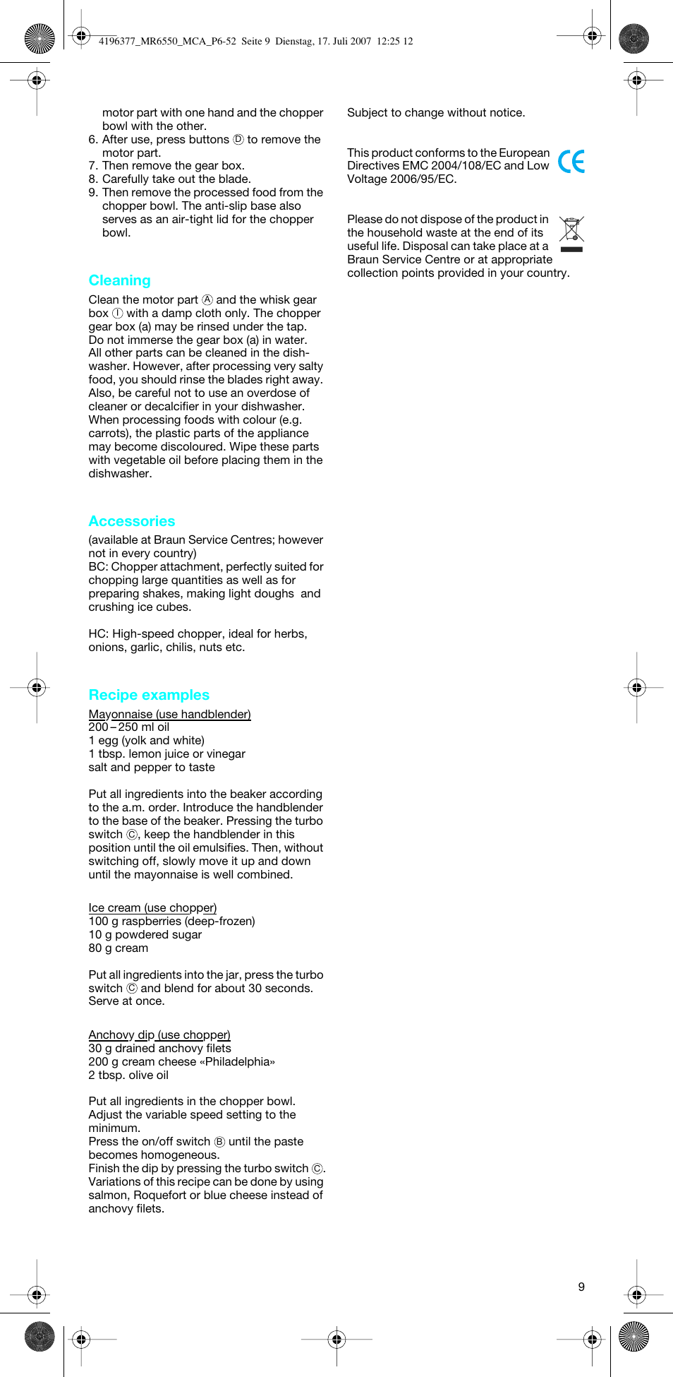 Cleaning, Accessories, Recipe examples | Braun MR 6550 CA User Manual | Page 8 / 50