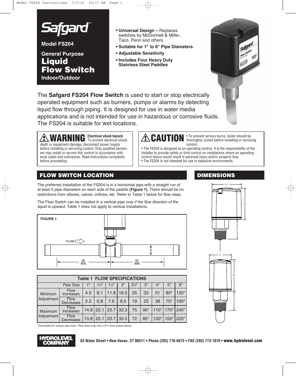 Hydrolevel FS204 User Manual | 2 pages