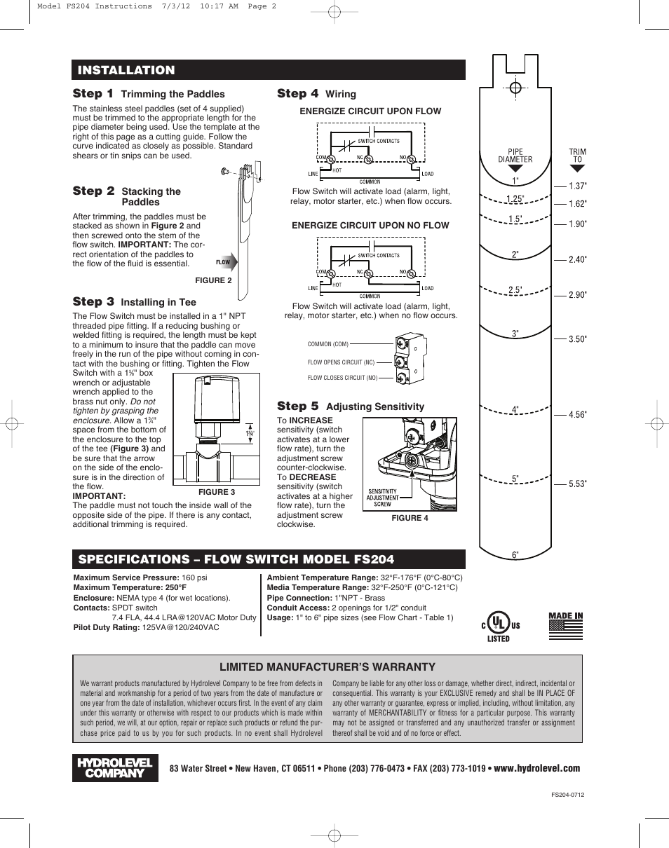 Specifications – flow switch model fs204, Installation step 1, Step 4 | Step 3, Step 2, Step 5 | Hydrolevel FS204 User Manual | Page 2 / 2