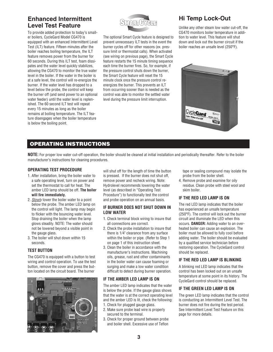 Enhanced intermittent level test feature, Hi temp lock-out, 3operating instructions | Hydrolevel CG470 Series User Manual | Page 3 / 4