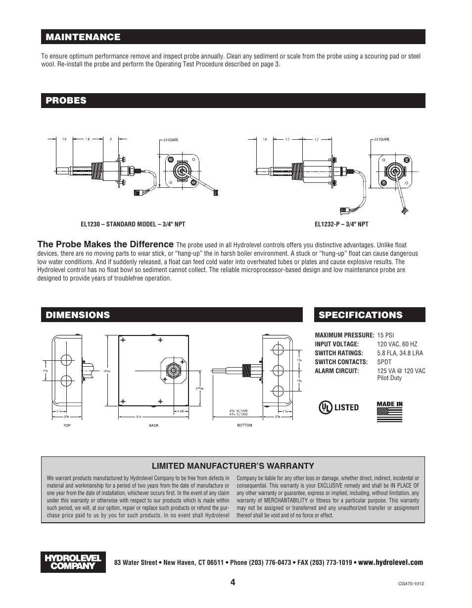 The probe makes the difference, Maintenance probes dimensions specifications | Hydrolevel CG470 Series User Manual | Page 4 / 4