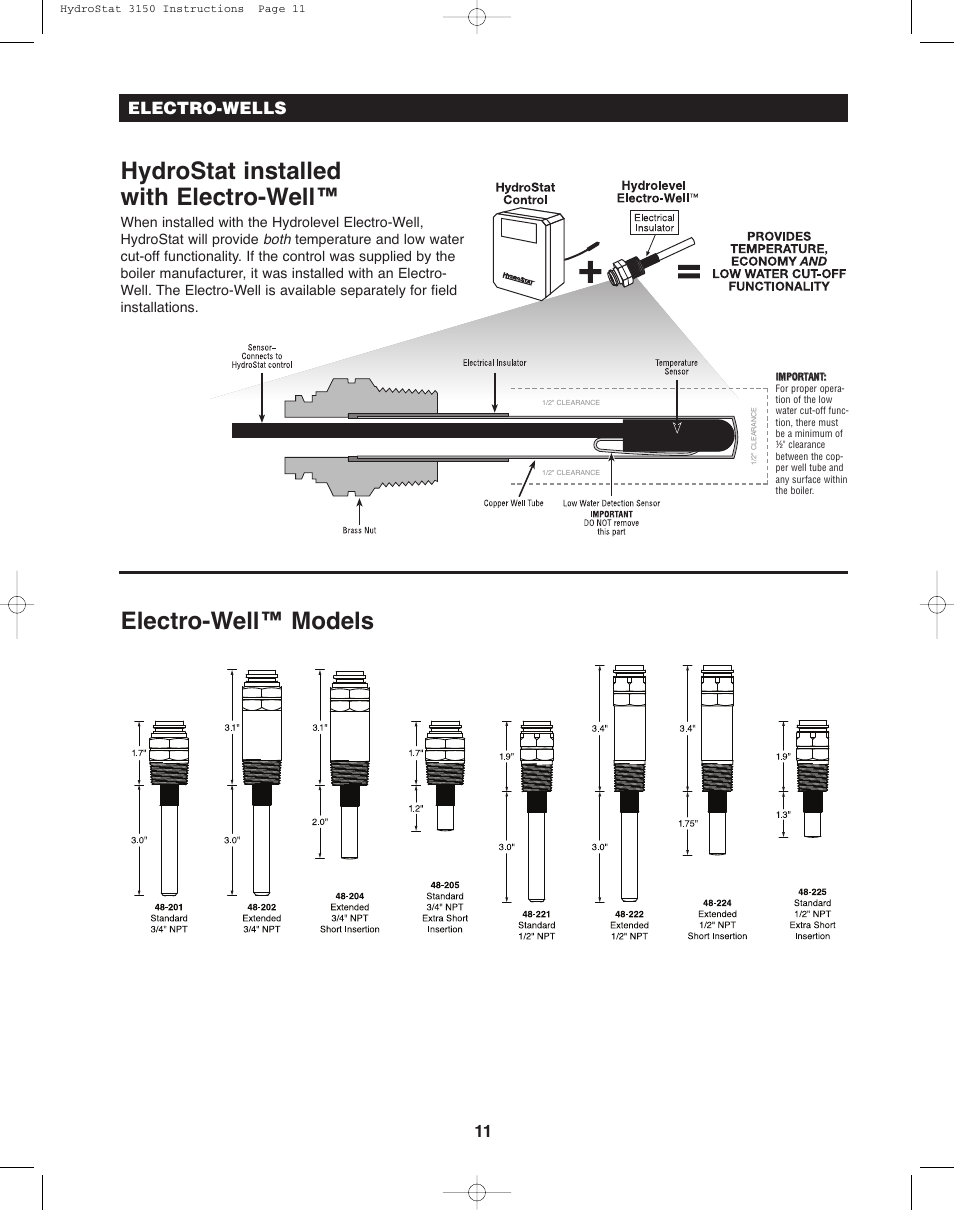 Hydrostat installed with electro-well, Electro-well™ models, 11 electro-wells | Hydrolevel 3150 User Manual | Page 11 / 12