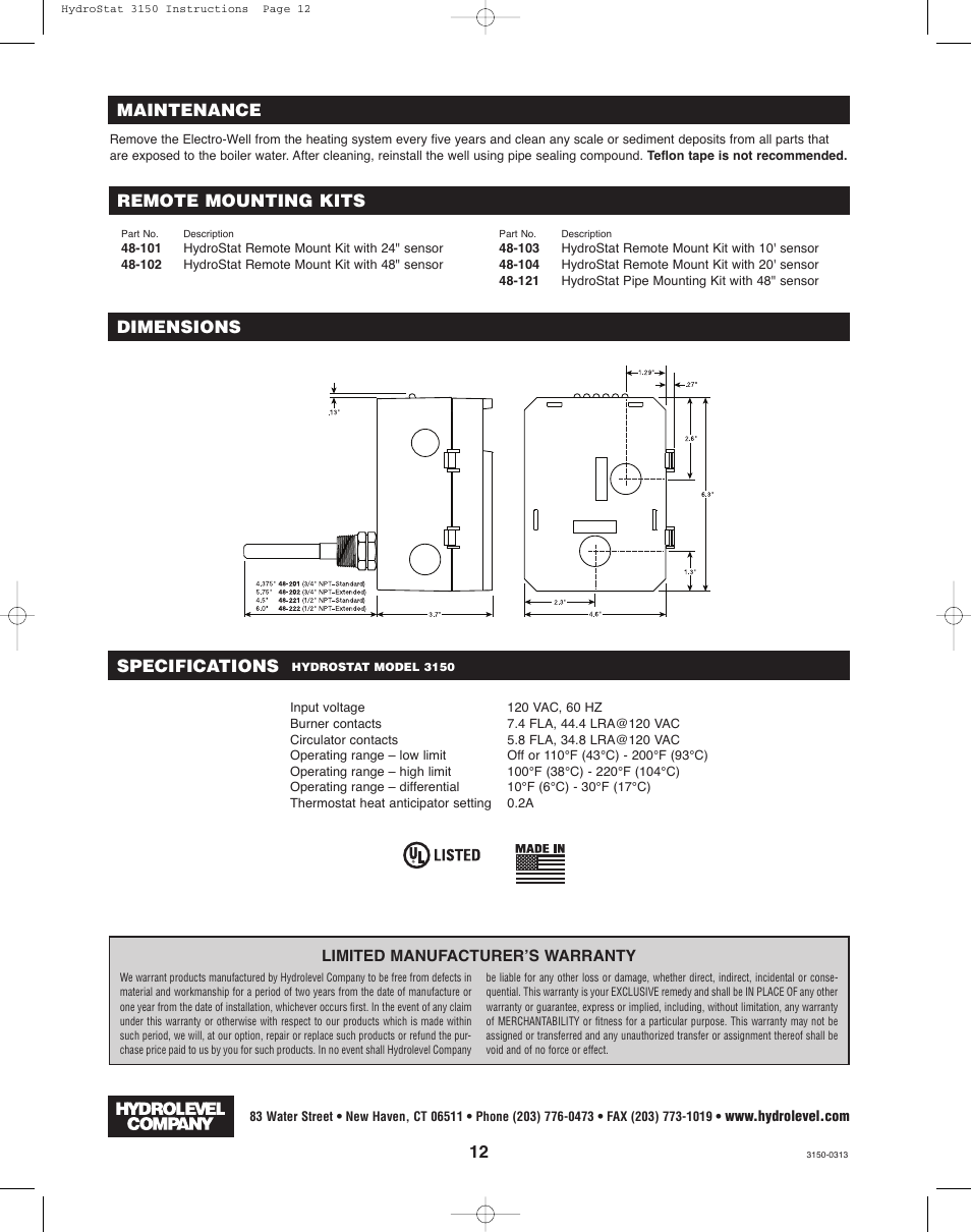 Maintenance, Specifications, Remote mounting kits | Dimensions | Hydrolevel 3150 User Manual | Page 12 / 12