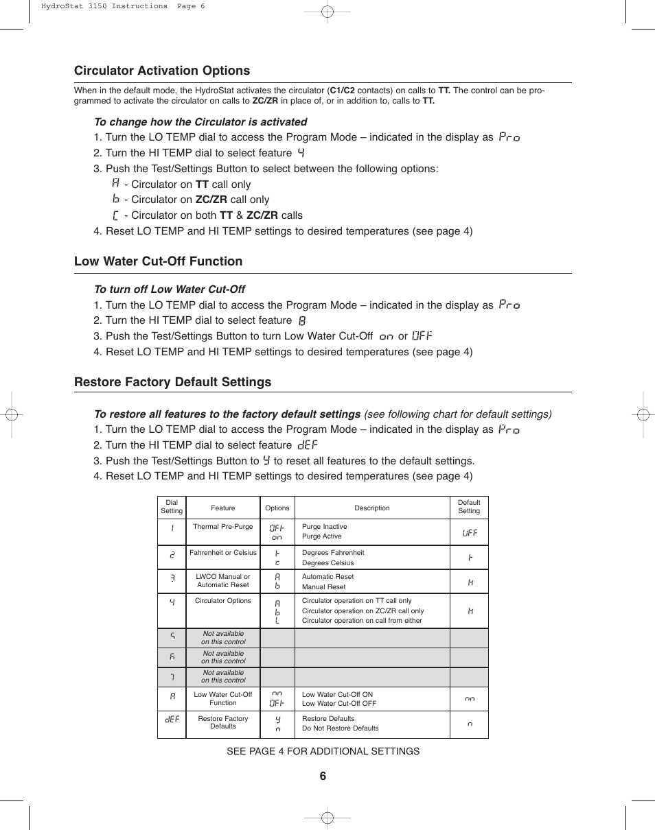 Circulator activation options, Low water cut-off function, Restore factory default settings | Hydrolevel 3150 User Manual | Page 6 / 12