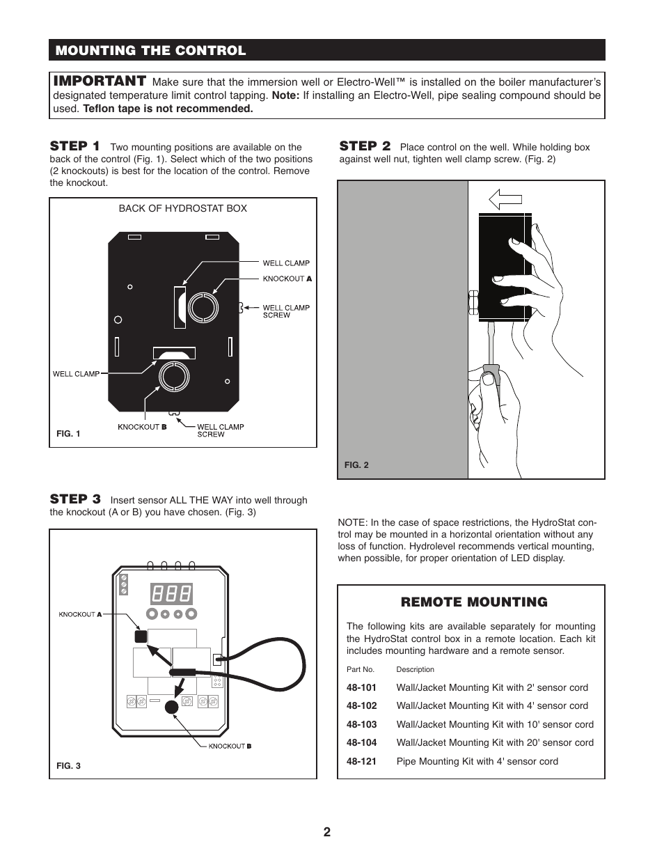 Important, 2mounting the control step 1, Step 2 | Step 3, Remote mounting | Hydrolevel 3100 User Manual | Page 2 / 8