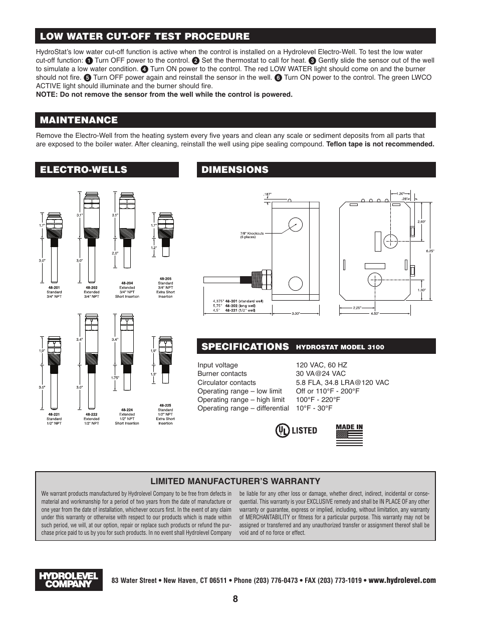 Specifications, Maintenance | Hydrolevel 3100 User Manual | Page 8 / 8