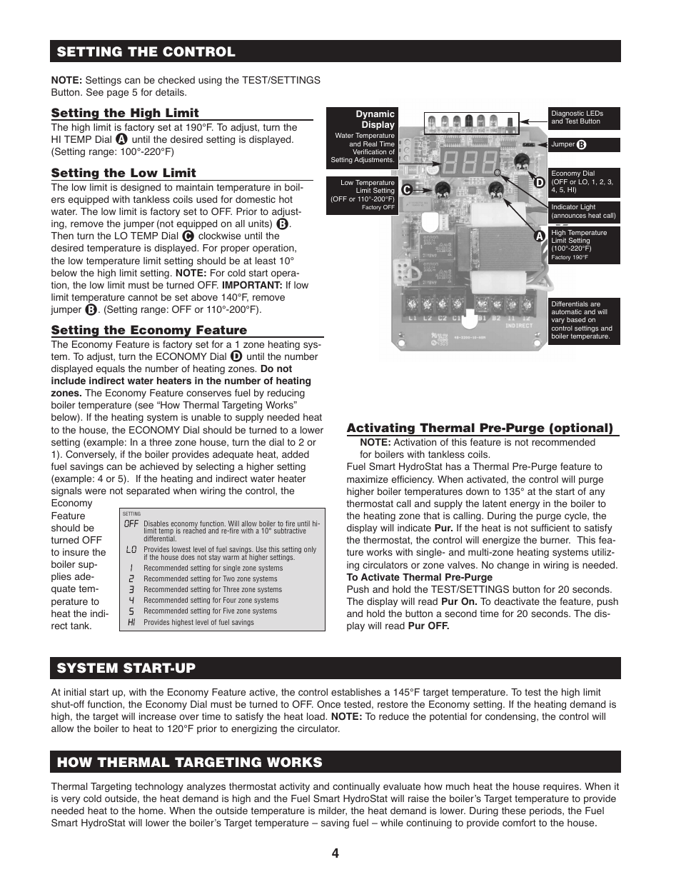 Setting the high limit, Setting the low limit, Setting the economy feature | Activating thermal pre-purge (optional) | Hydrolevel 3200 User Manual | Page 4 / 8