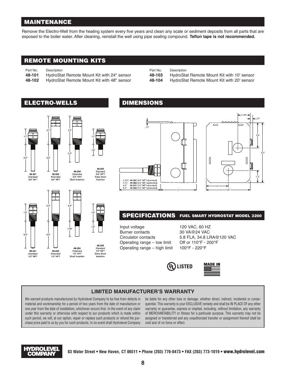 Remote mounting kits maintenance, Specifications, Dimensions electro-wells | Hydrolevel 3200 User Manual | Page 8 / 8