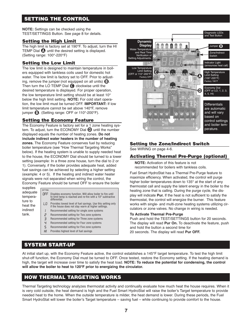 Ảả ạ, Setting the high limit, Setting the low limit | Setting the economy feature, Setting the zone/indirect switch, Activating thermal pre-purge (optional) | Hydrolevel 3250 User Manual | Page 7 / 12