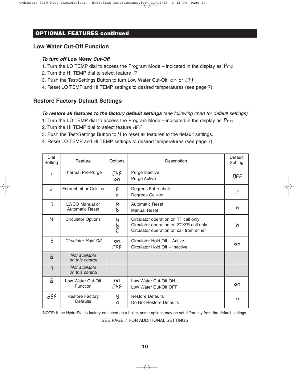 Low water cut-off function, Restore factory default settings | Hydrolevel 3250-Plus User Manual | Page 10 / 16