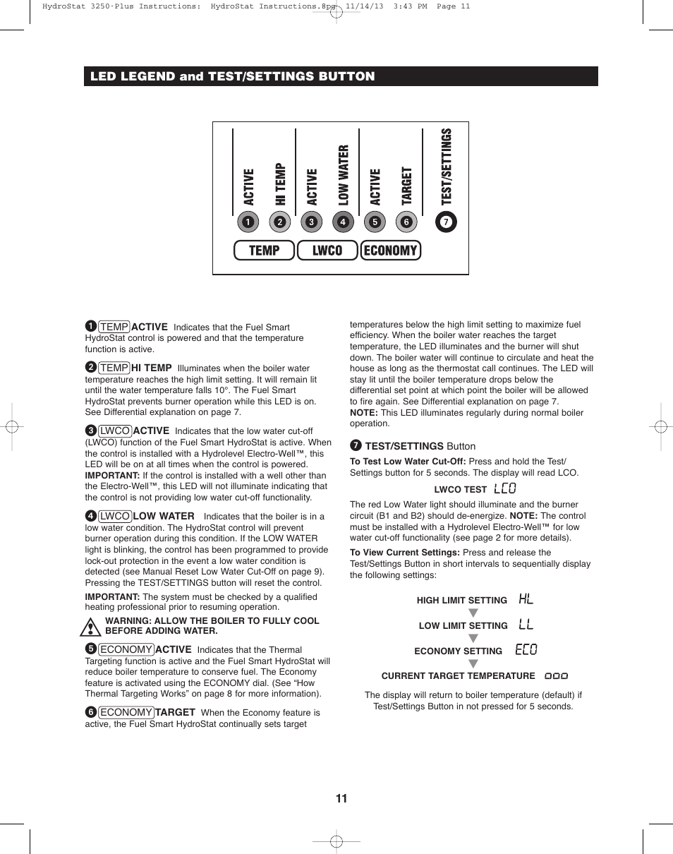 11 ᕡ, Led legend and test/settings button | Hydrolevel 3250-Plus User Manual | Page 11 / 16