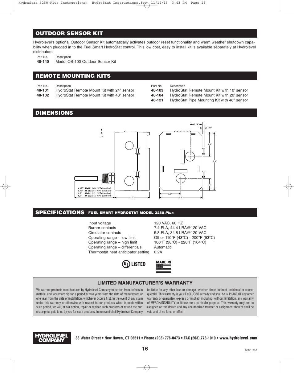 Remote mounting kits outdoor sensor kit, Specifications, Dimensions | Hydrolevel 3250-Plus User Manual | Page 16 / 16