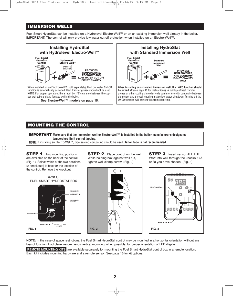 2mounting the control step 1, Step 2, Step 3 | Immersion wells | Hydrolevel 3250-Plus User Manual | Page 2 / 16