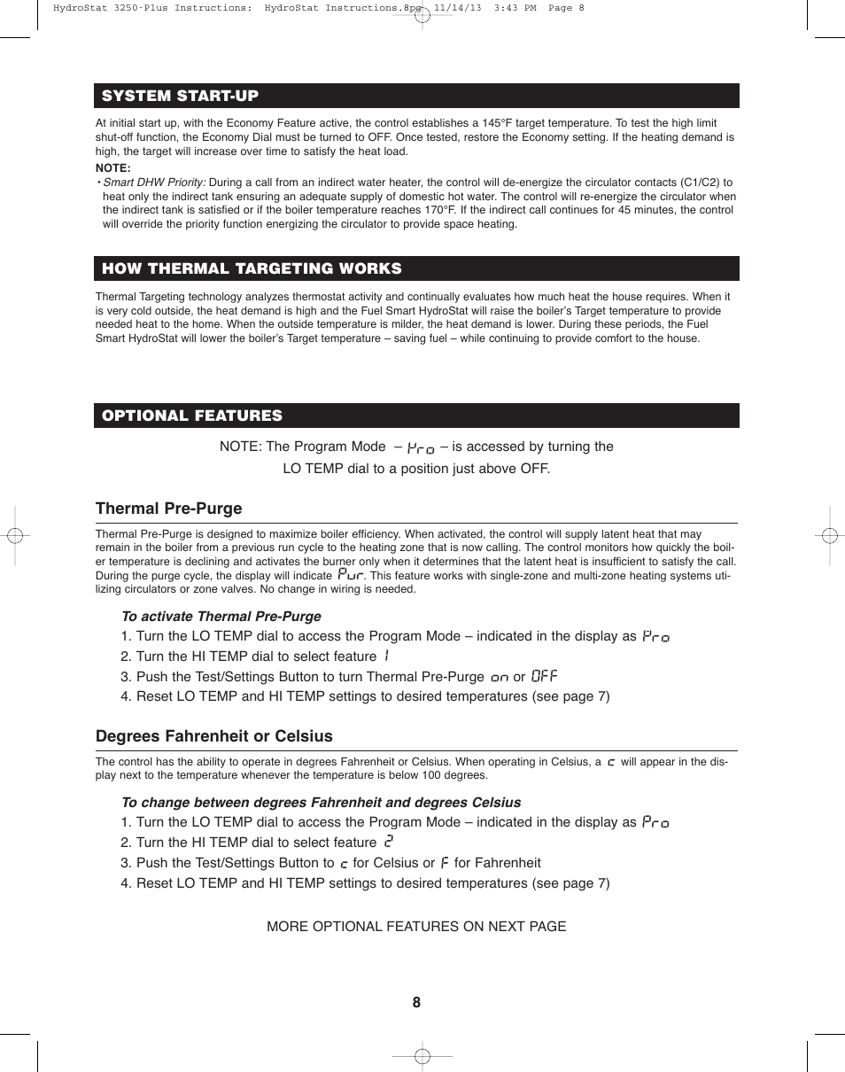 Thermal pre-purge, Degrees fahrenheit or celsius | Hydrolevel 3250-Plus User Manual | Page 8 / 16