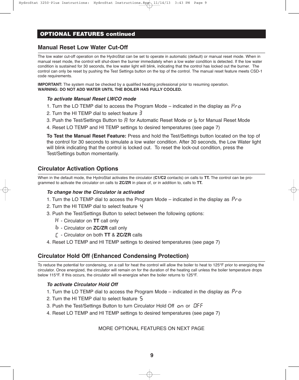 Manual reset low water cut-off, Circulator activation options | Hydrolevel 3250-Plus User Manual | Page 9 / 16