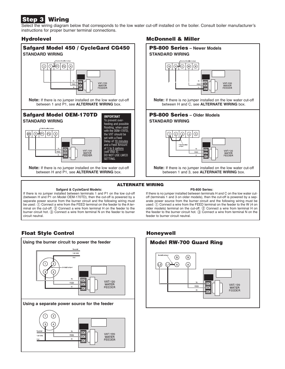 Step 3 wiring, Mcdonnell & miller, Ps-800 series | Safgard model oem-170td, Float style control, Honeywell model rw-700 guard ring | Hydrolevel VXT-120 V2 User Manual | Page 2 / 4