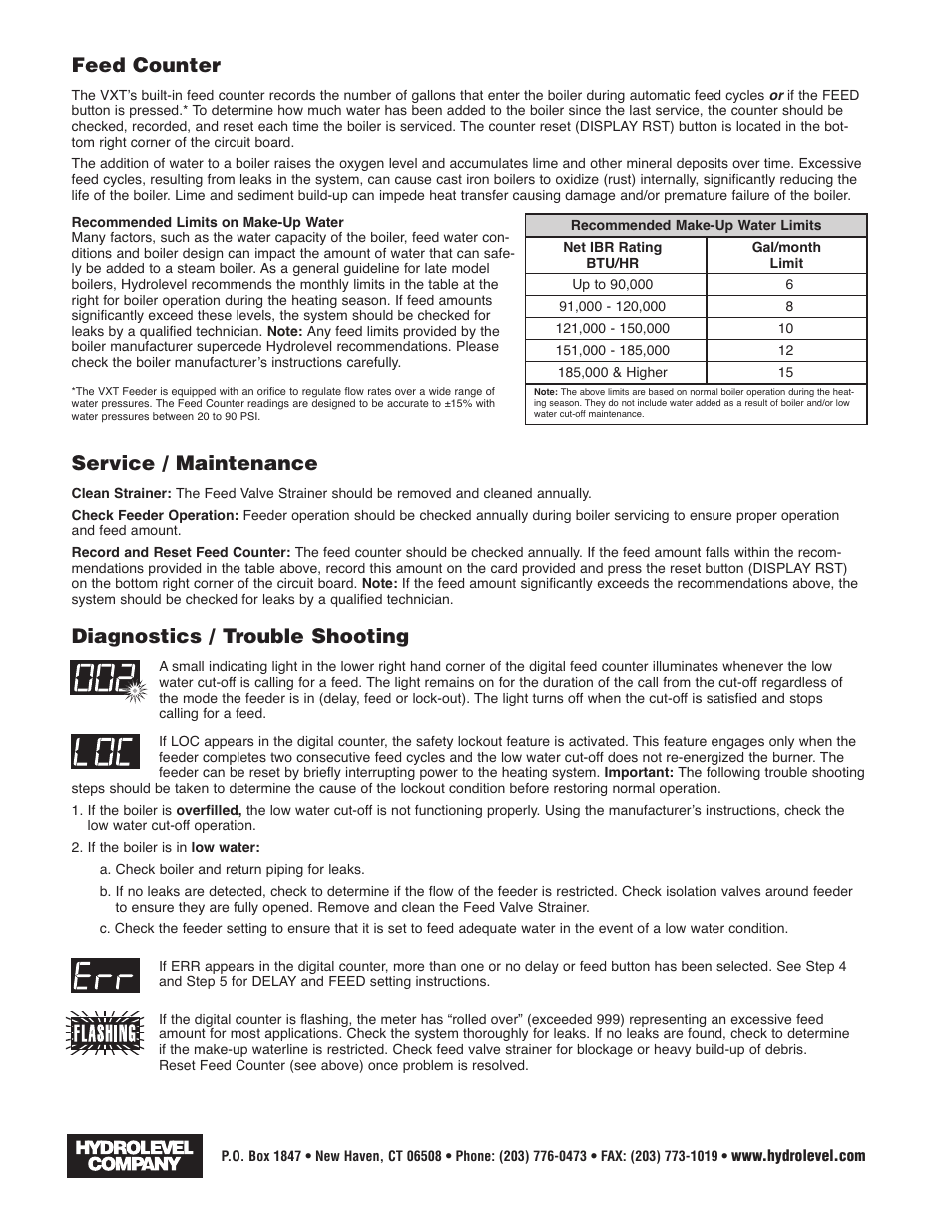 Feed counter, Service / maintenance, Diagnostics / trouble shooting | Hydrolevel VXT-120 V2 User Manual | Page 4 / 4