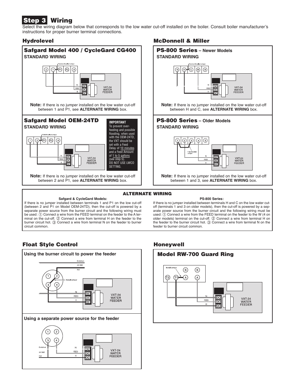 Step 3 wiring, Mcdonnell & miller, Ps-800 series | Safgard model oem-24td, Float style control, Honeywell model rw-700 guard ring | Hydrolevel VXT-24 User Manual | Page 2 / 4