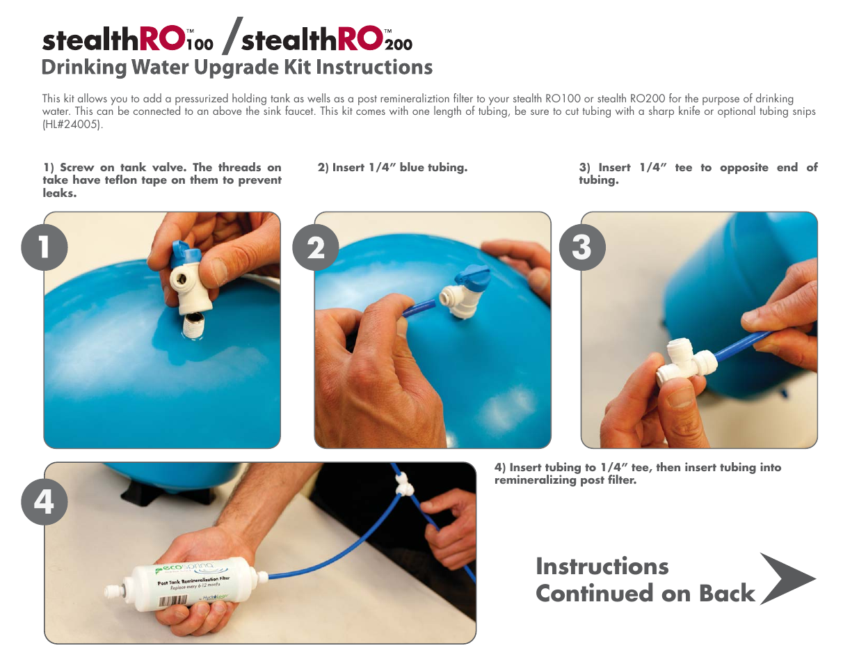 Instructions continued on back | Hydro-Logic StealthRO200 - Drinking Water Upgrade Kit User Manual | Page 2 / 4