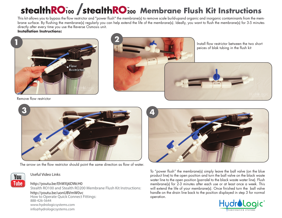 Hydro-Logic StealthRO200 - Membrane Flush Kit User Manual | 1 page