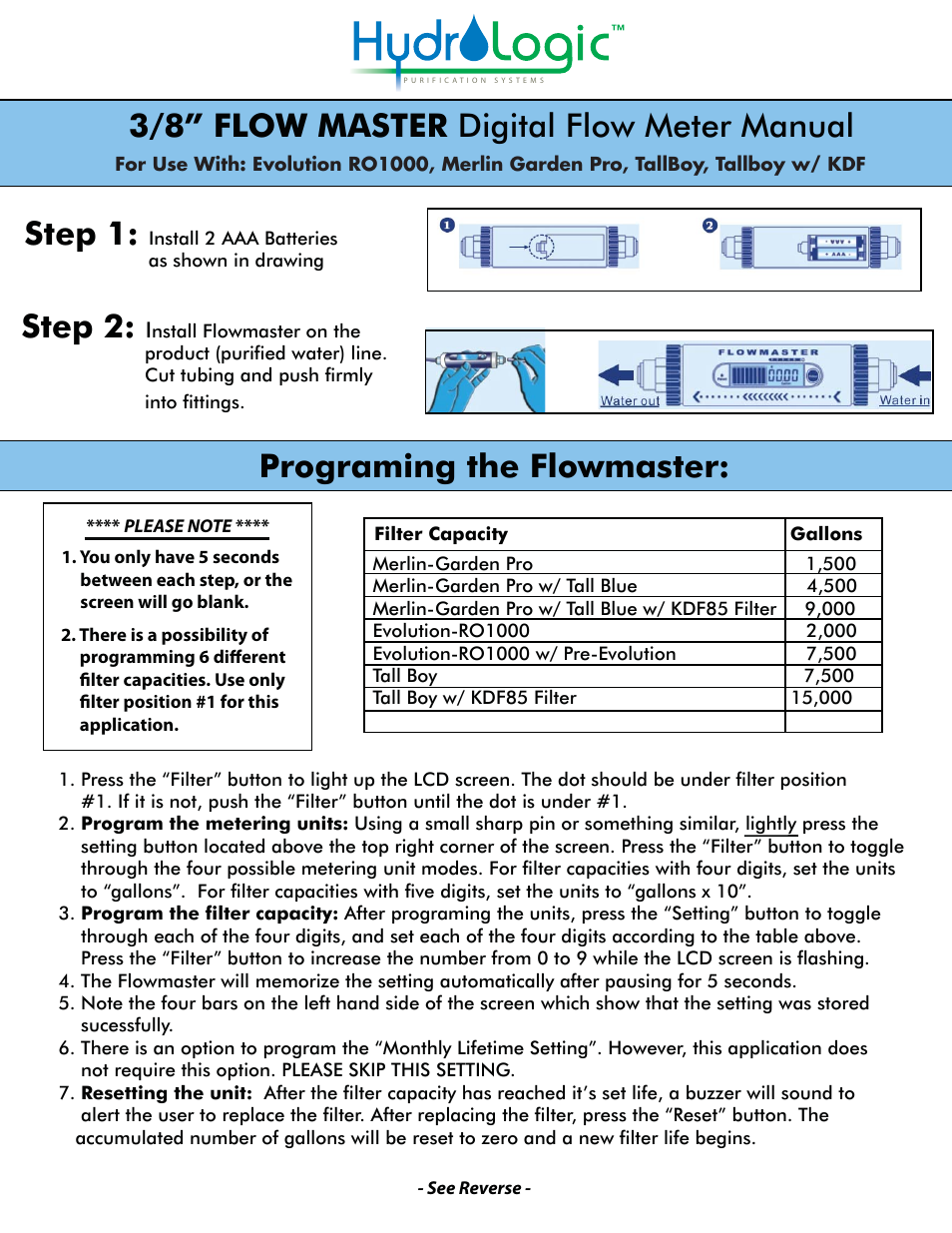 Hydro-Logic 3/8 FLOW MASTER Digital Flow Meter User Manual | 2 pages