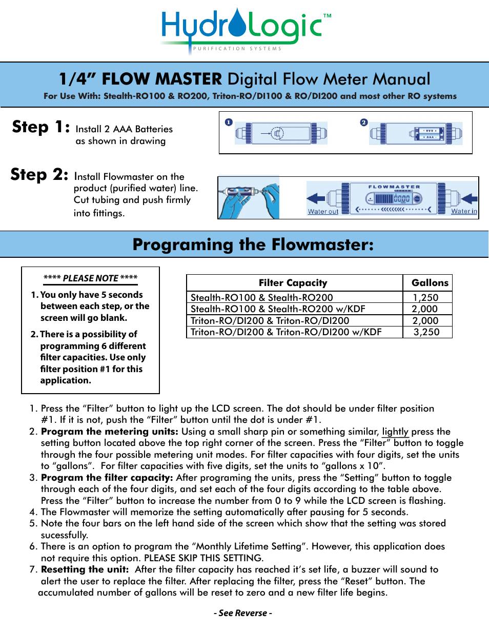 Hydro-Logic 1/4 FLOW MASTER Digital Flow Meter User Manual | 2 pages
