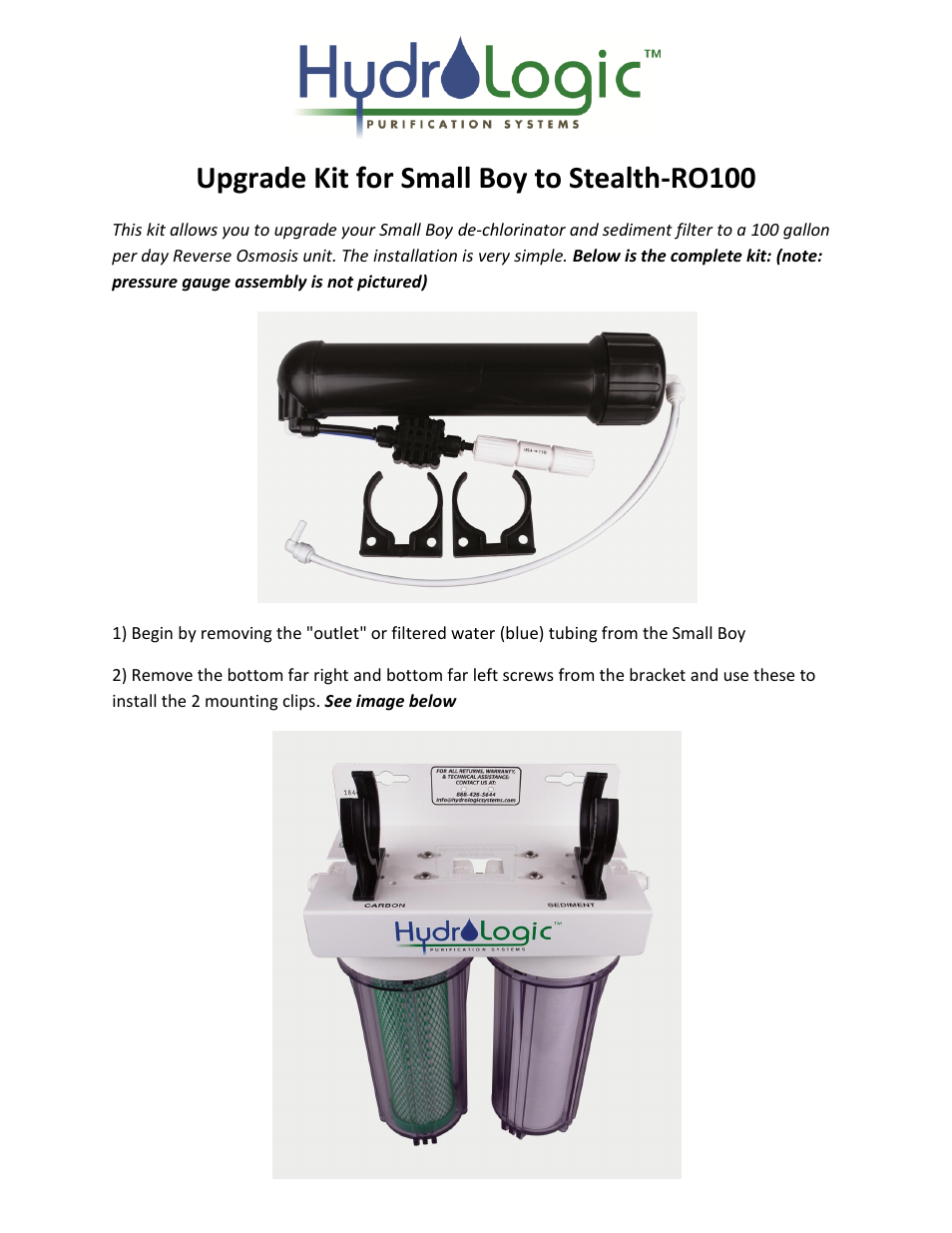 Hydro-Logic StealthRO100 - Upgrade Kit for Small Boy User Manual | 2 pages