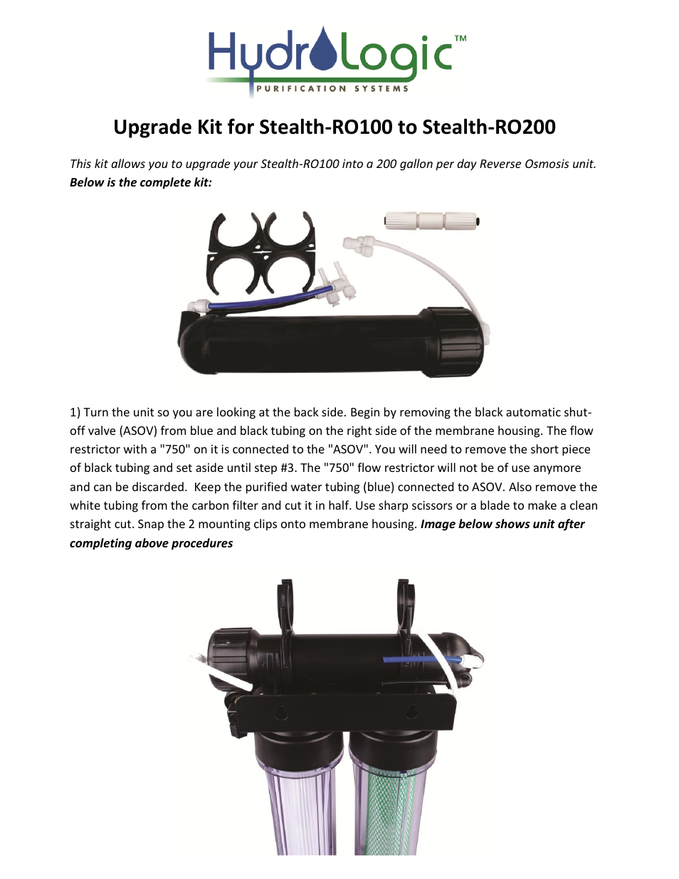 Hydro-Logic StealthRO200 - Upgrade Kit User Manual | 3 pages