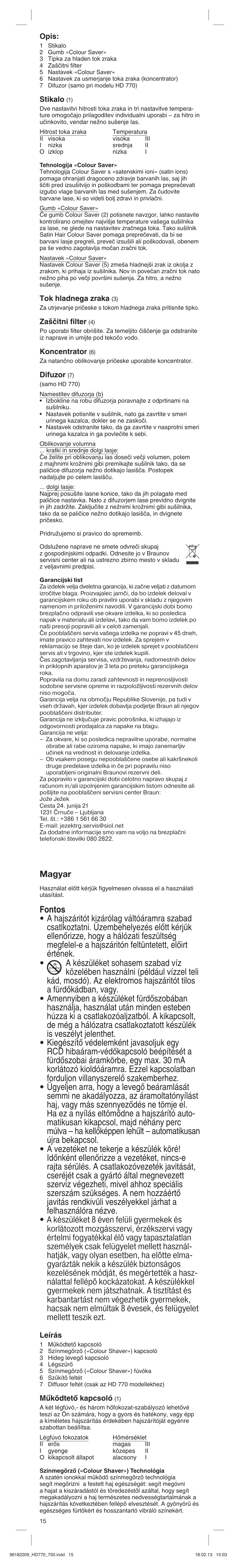 Magyar, Opis, Stikalo | Tok hladnega zraka, Za‰ãitni filter, Koncentrator, Difuzor, Leírás, Mıködtetœ kapcsoló | Braun HAIR DRYER HD 770 User Manual | Page 15 / 23