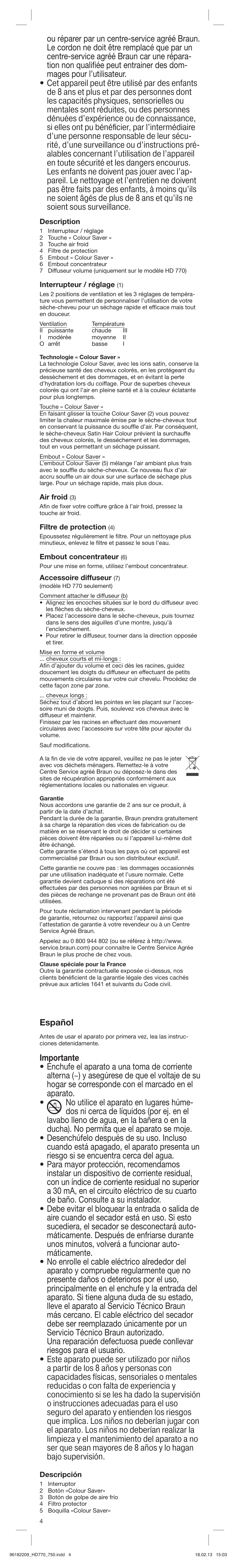 Español | Braun HAIR DRYER HD 770 User Manual | Page 4 / 23