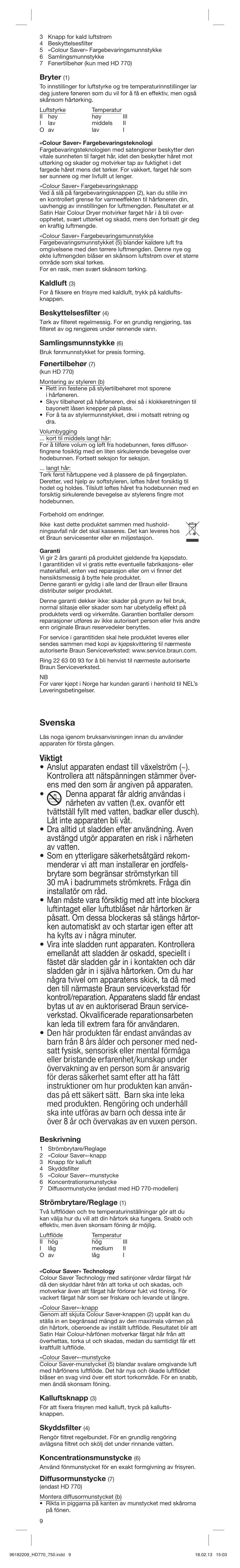 Svenska, Bryter, Kaldluft | Beskyttelsesfilter, Samlingsmunnstykke, Fønertilbehør, Beskrivning, Strömbrytare/reglage, Kalluftsknapp, Skyddsfilter | Braun HAIR DRYER HD 770 User Manual | Page 9 / 23