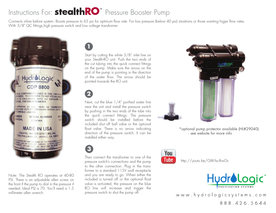 Hydro-Logic StealthRO - Pressure Booster Pump User Manual | 1 page